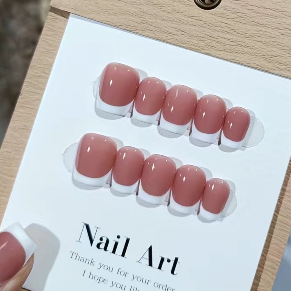 Handmade French Manicure Gel Gel-X Fake Press On Nails Short Square